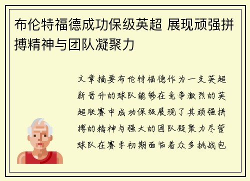 布伦特福德成功保级英超 展现顽强拼搏精神与团队凝聚力