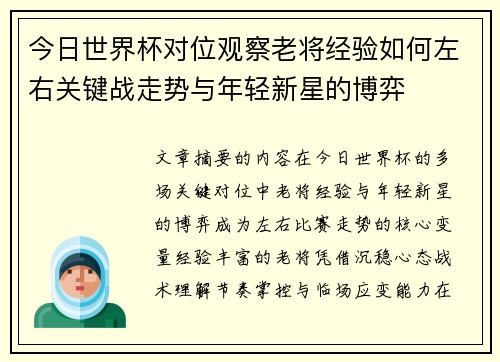 今日世界杯对位观察老将经验如何左右关键战走势与年轻新星的博弈